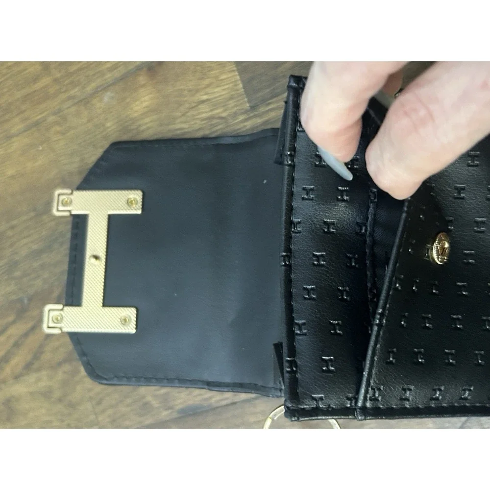 Halston Black Folded Wallet Women Logo Credit Card Gold Hardware Keychain